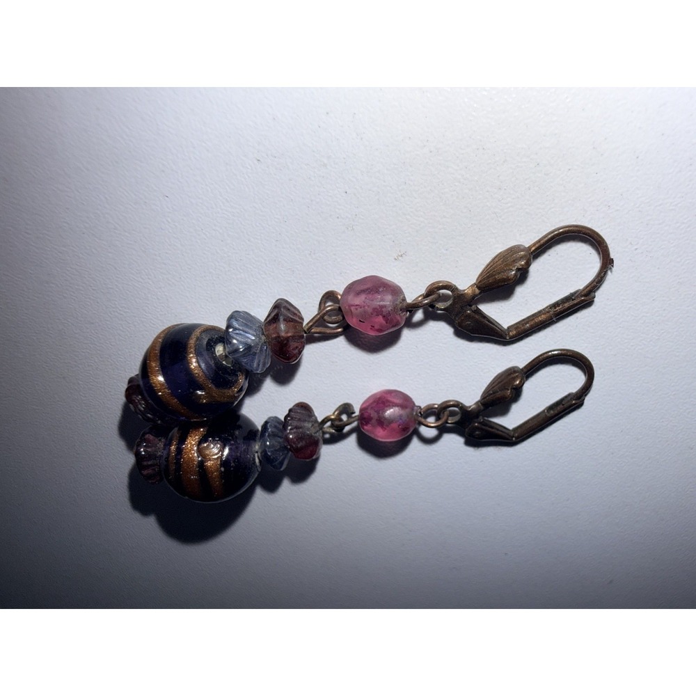 VTG Italy Wedding Cake Blue Pink Earrings Art Glass Venetian Murano Dangle Swirl